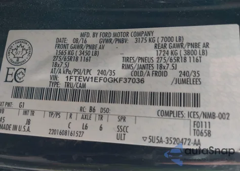 2016 Ford F-150 Xlt from USA, damaged, VIN 1FTEW1EF0GKF37036